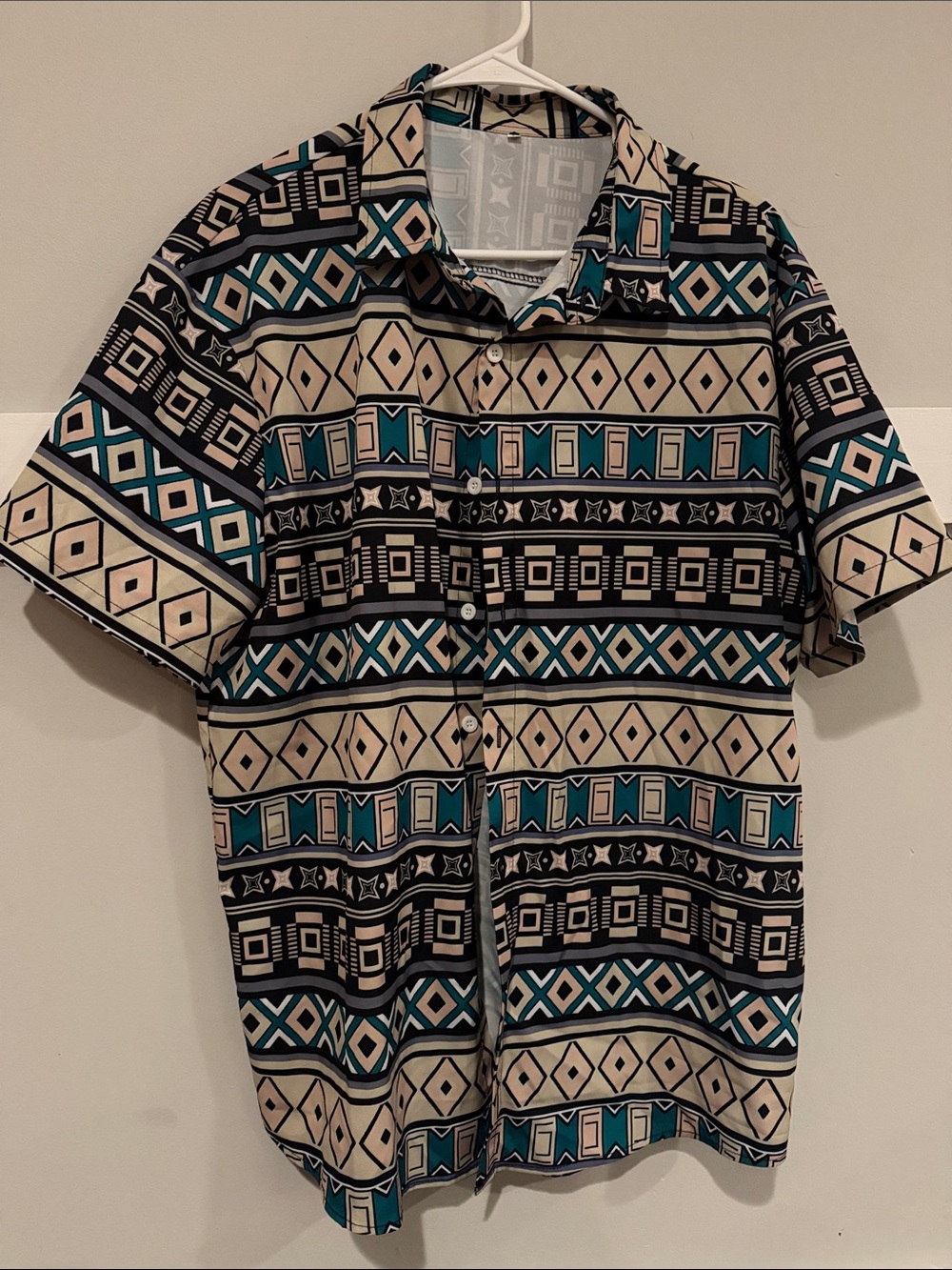 Men's Short Sleeve Geometric Print Button-Up Shirt - Teal/Black/Cream